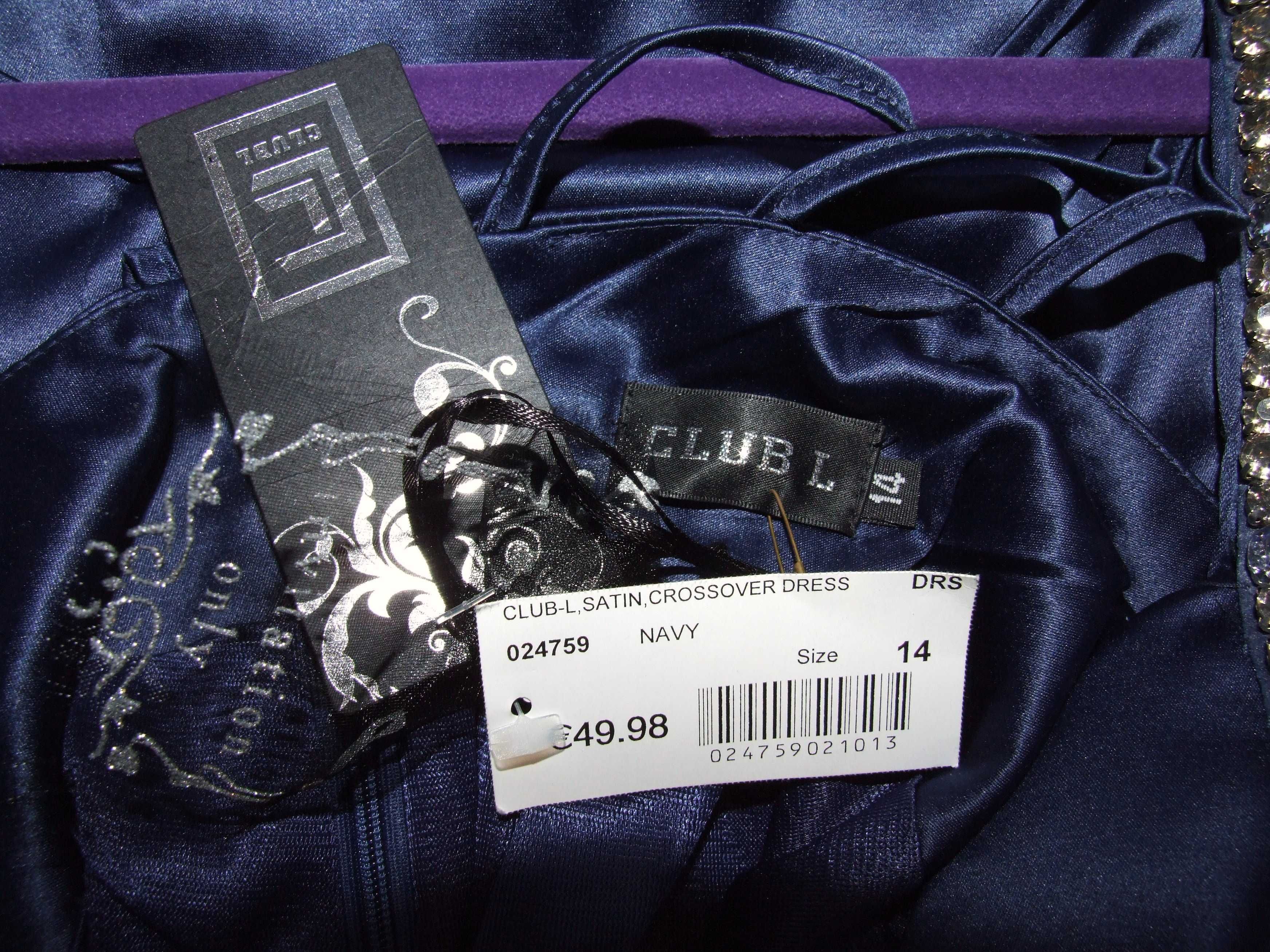 Club L sukienka satynowa navy blue cyrkonie ślub chrzciny 42