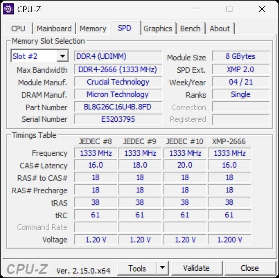 Crucial DDR4-2666 16GB (2x8) 288pin CL16 PC4-21328 (3133MHz/1.27v)