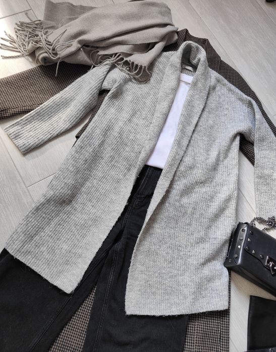 Długi szary sweter kardigan Cubus xS  jesień zima casual wełna alpaka