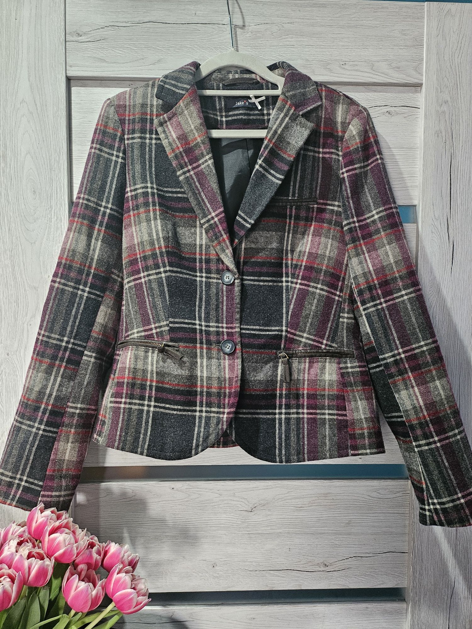 Marynarka/Żakiet Vintage, Retro, brązowa,w czerwono jasną kratę,wełna