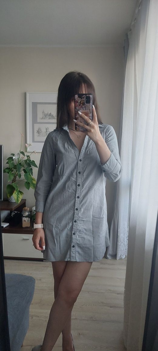 Szara koszulowa szmizjerka mini w paski z rękawem 3/4 Tally Weijl XS