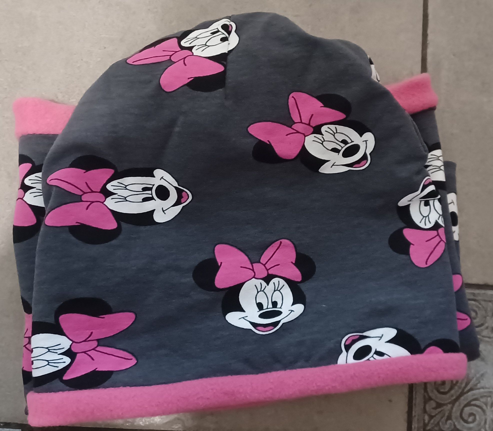 Komplet zimowy komin +czapka Minnie dresowka + polar