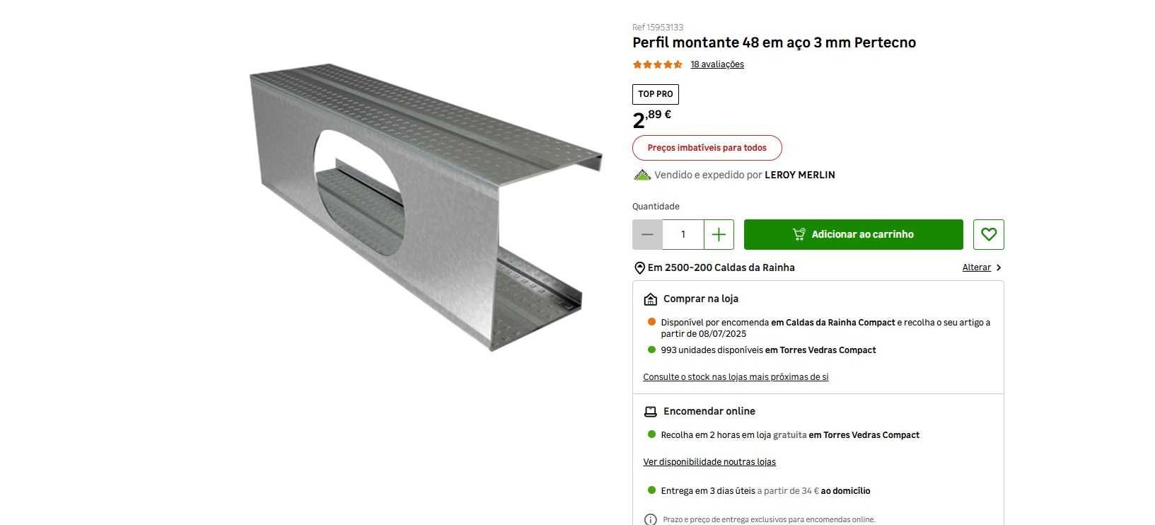 Perfil montante 48 em aço 3 mm Pertecno