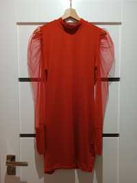 Czerwona dopasowana sukienka do kolana z siateczkowymi rękawami s/m