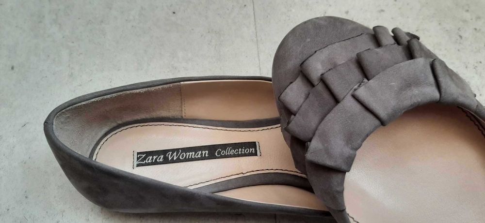Sabrinas, sapatos rasos cinzentos em pele, Zara