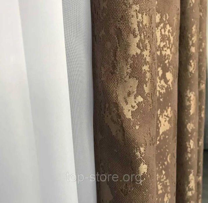 Нові оригінальні турецькі штори шоколадного кольору з тюлями із шифону