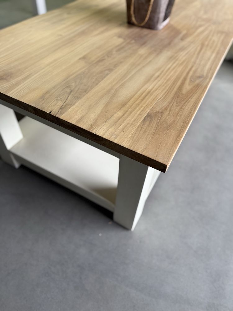 DESIGNERSKI masywny Stolik kawowy duży drewniany tekowy biały mleczny