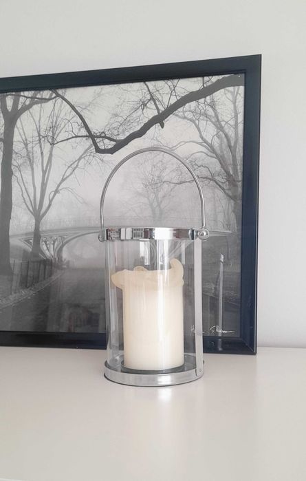 Świecznik, lampion, latarnia, srebrny Jysk.