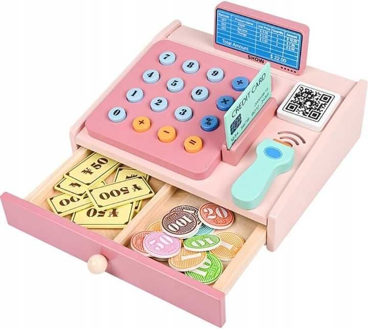 DUŻA Drewniana kasa fiskalna zabawka dla dzieci SKLEP SUPERMARKET
