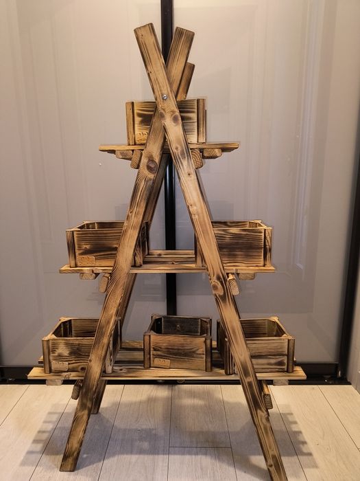 Kwietnik drewniany opalany+ 6 doniczek