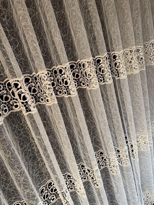 Тюль, гардина с кружевом в молочном цвете на метраж