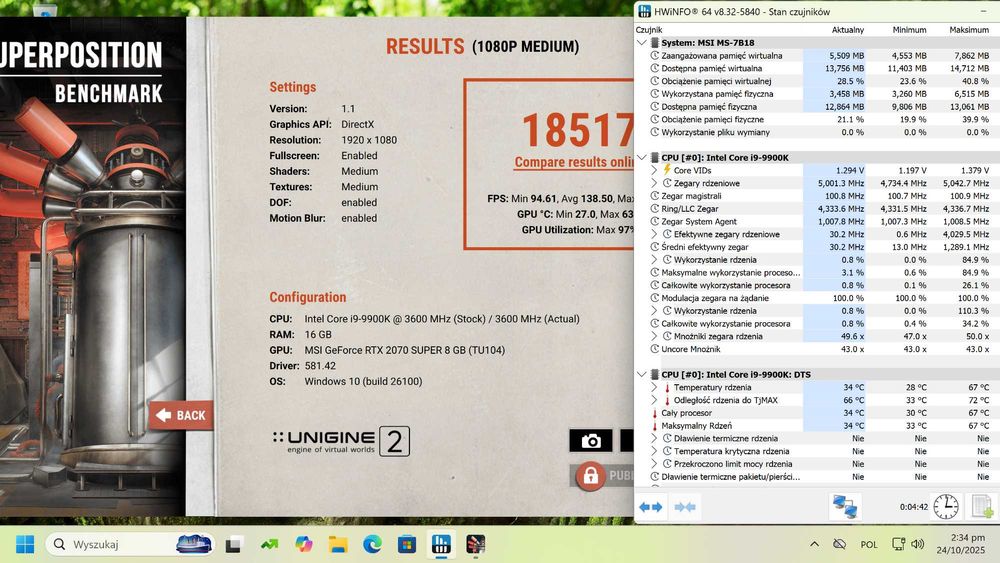 Komputer PC. Intel I9 9900K, RTX 2070 super, Corsair HX 1000W