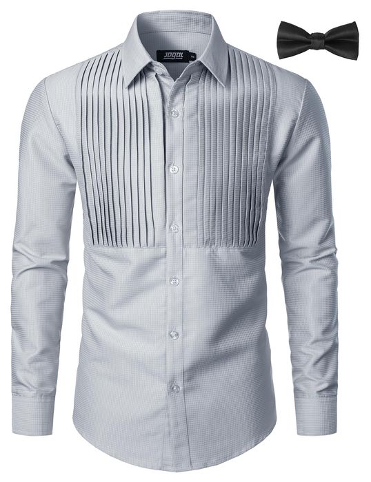 JOGAL Męska Koszula Smokingowa Plisowana Szara M (Długi Rękaw)