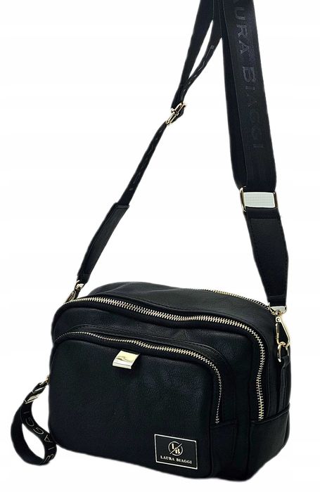 Trzykomorowa torebka listonoszka Laura Biaggi czarna skórzana logo