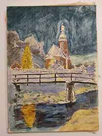 "Kościółek nad rzeką"-przepiękny obraz malowany na płótnie!