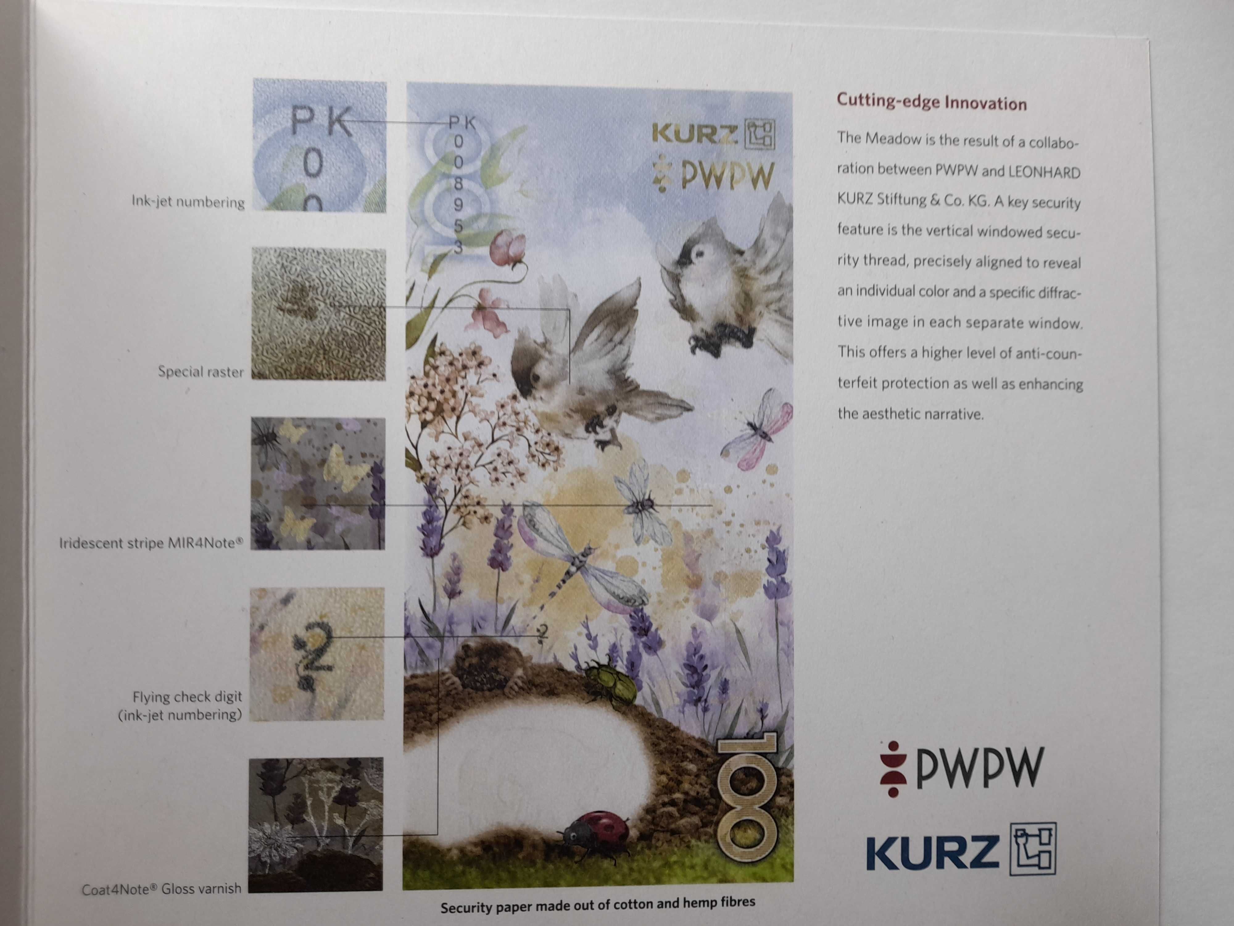 Banknot testowy Łąka 100 Pwpw +Kurz  folder jez.angielski rzadki walor