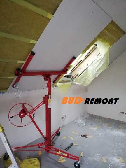 Ocieplenie poddasza, zabudowa G-K, gruntowanie i malowanie natryskowe