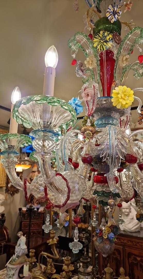 Lustre Murano 8 Braços Vidro Soprado Multicolorido com Flores Séc. XX