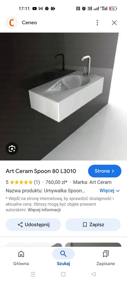 Umywalka Art Ceram Spoon 8.1 nowa 81cm