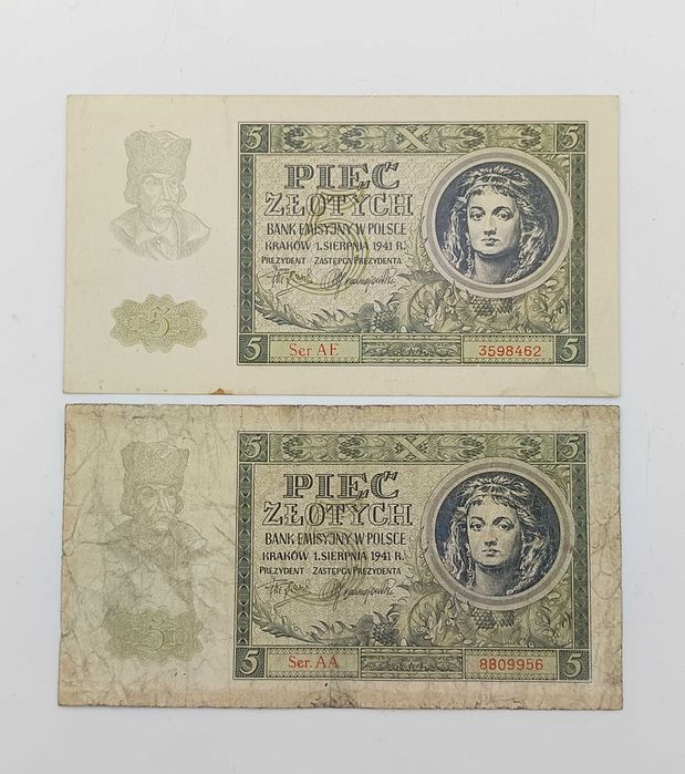 BANKNOT 5 złotych 1941 r. – Banknot Kolekcjonerski – 2 sztuki - AA, AE