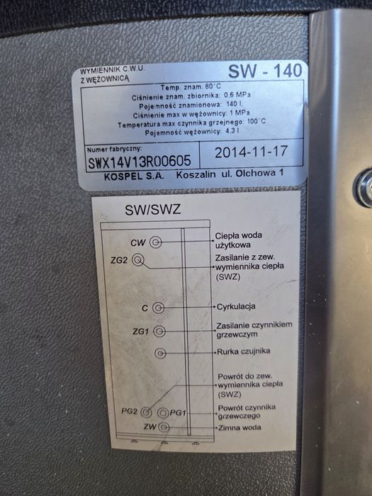 Wymiennik c.w.u z wężownica kospel sw-140