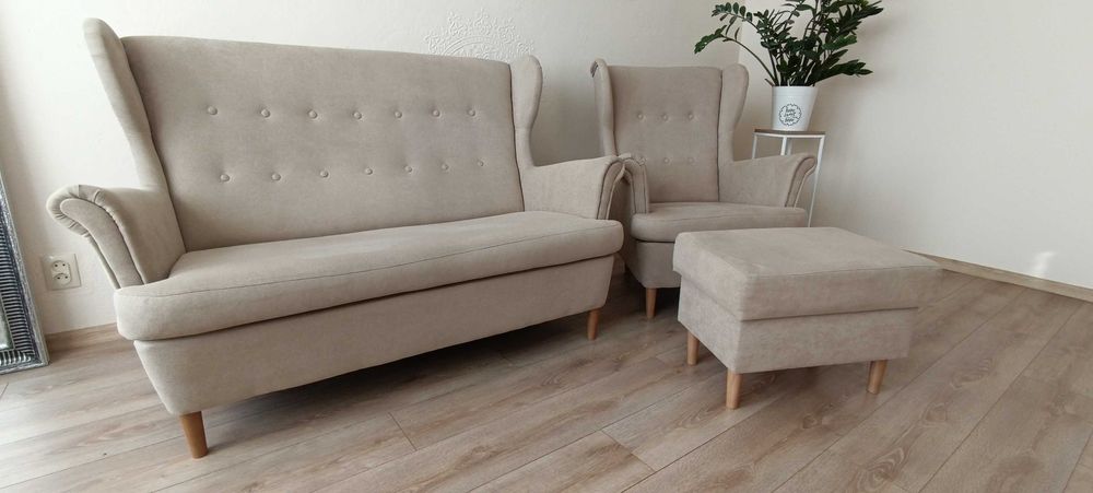 Sofa 2 osobowa + fotel uszak + pufa