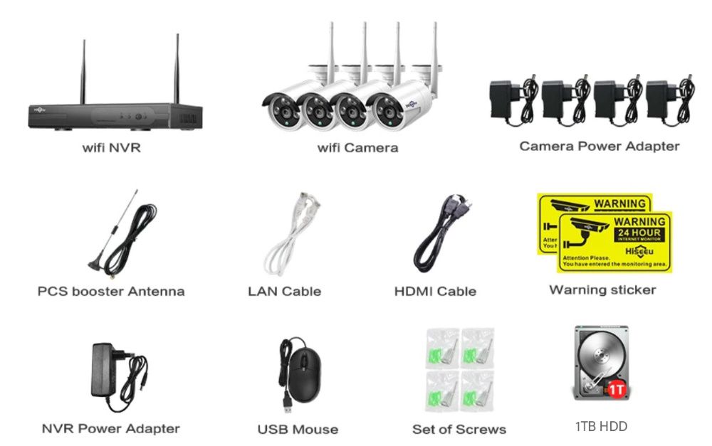 Kit CCTV WiFi videovigilância 8CH 4 câmaras 1080p + disco 1TB