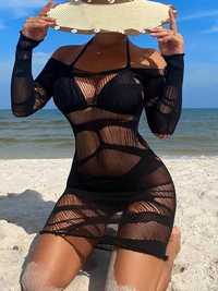 seksowna narzutka bez Bikini Fishnet Bodycron w paski czarna