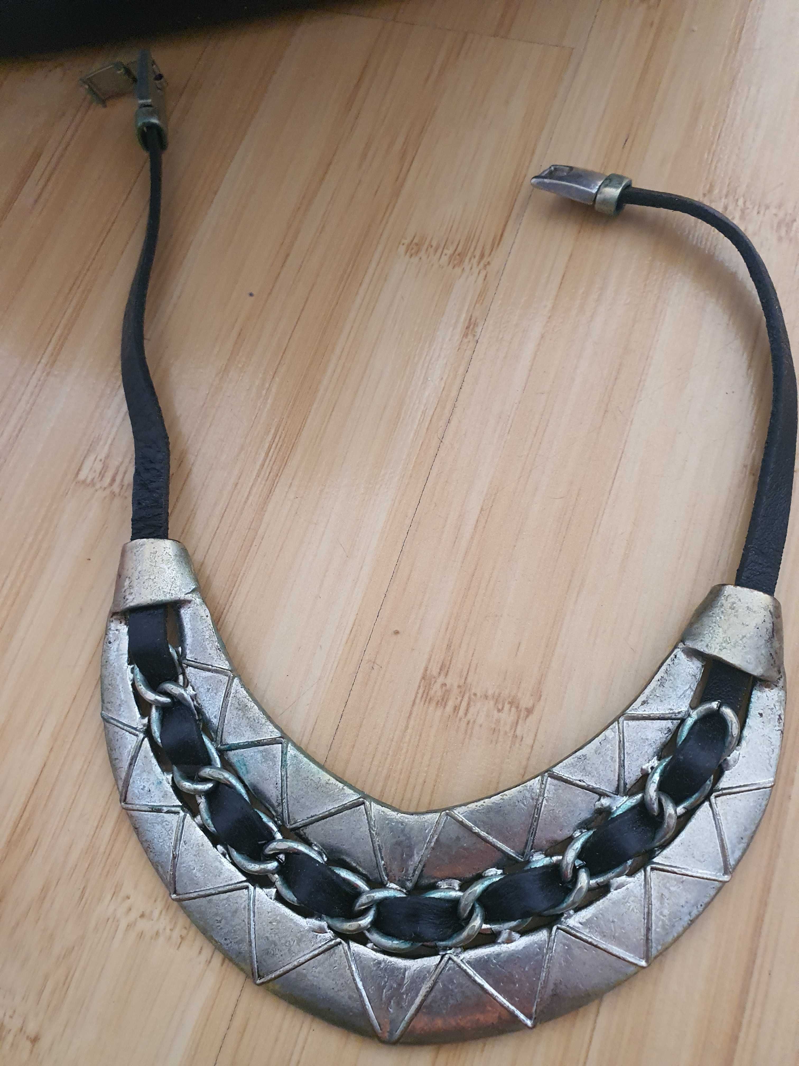 Naszyjnik blacha, skóra vintage choker masywny