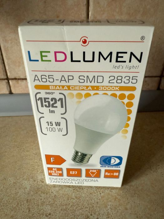 Żarówka LED E27 A65 15W = 100W SMD 1521lm 240° Energooszczędna  3000K