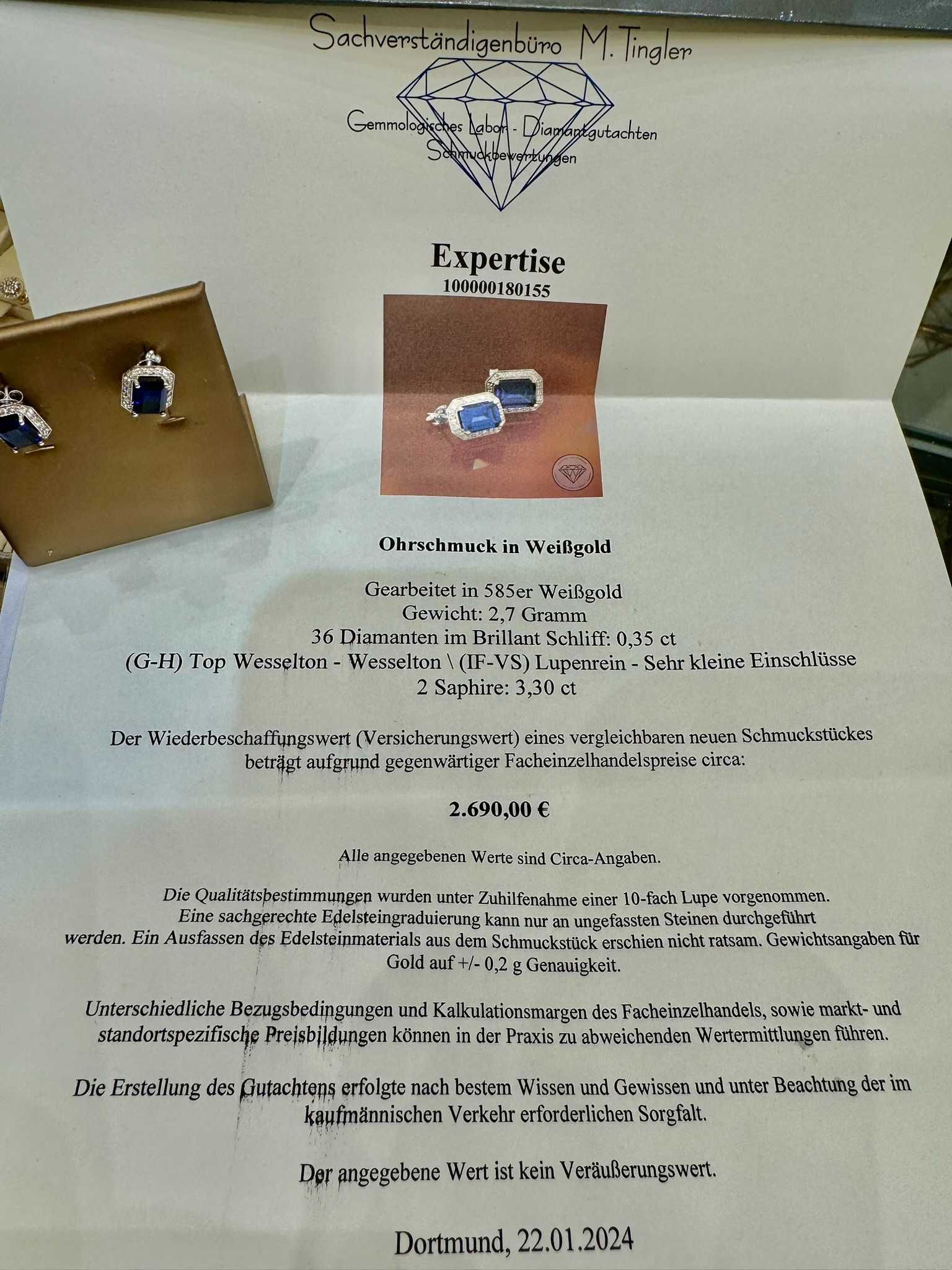 Kolczyki z diamentami 0.35 CT i szafirami 3.30 CT certyfikat