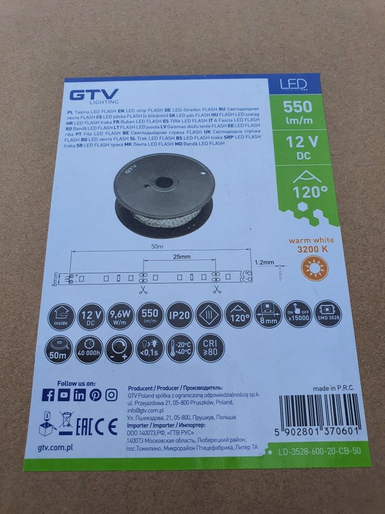 Taśma led 50 mb pasek GTV Biała ciepła 9.6W 12V NOWE skoff makita