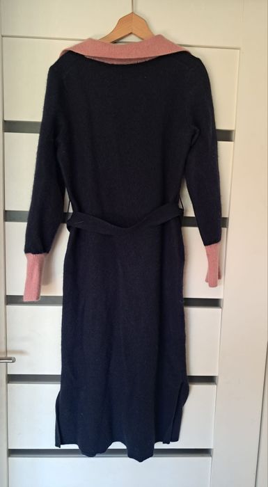Sukienka sweterkowa wełniana M 38 granat maxi z kołnierzem wełna wool