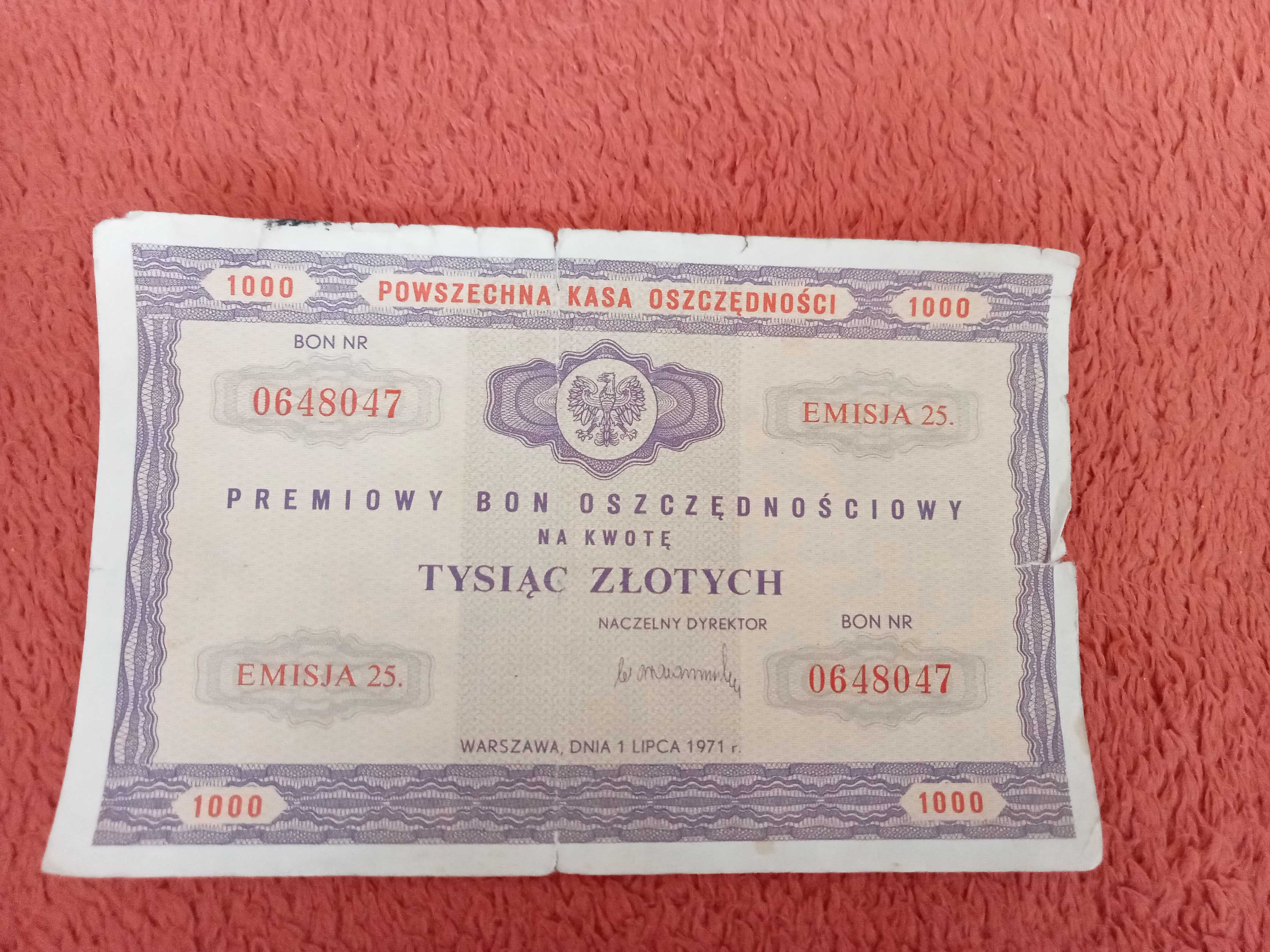 Premiowy Bon oszczędnościowy z 1971 roku 1000 zł