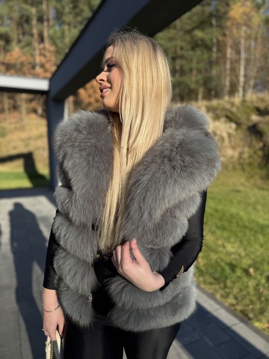 Kamizelka kołnierz z lisa szara 2 w 1 futro naturalne nowa rzędowa m