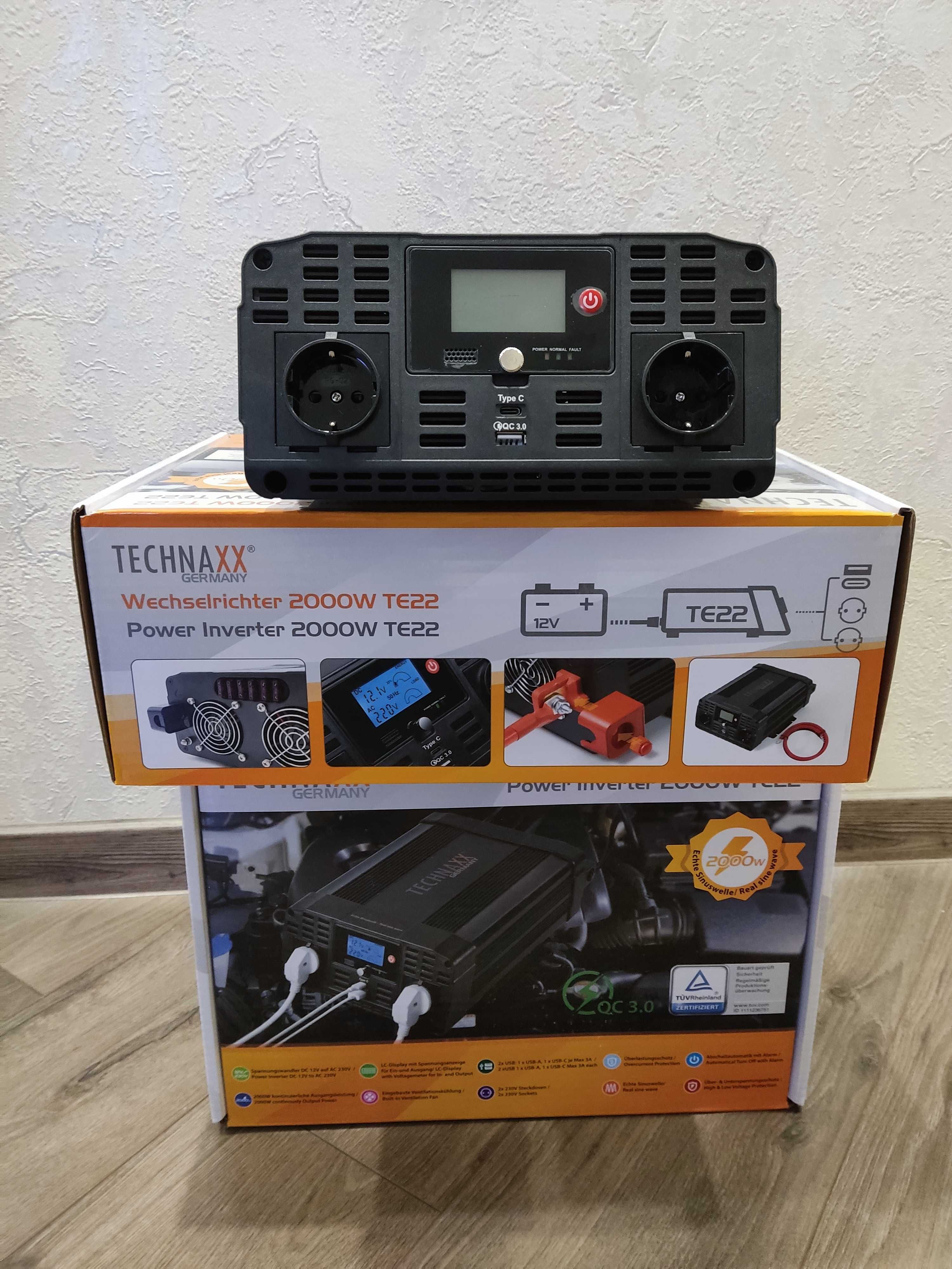 Інвертор, чистий сінус 12в Technaxx TE22 12V/DC- 220V/AC Німеччина 4кв