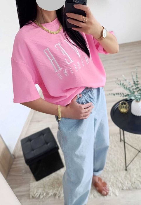 NOWY t-shirt oversize landrynkowy róż 34 XS