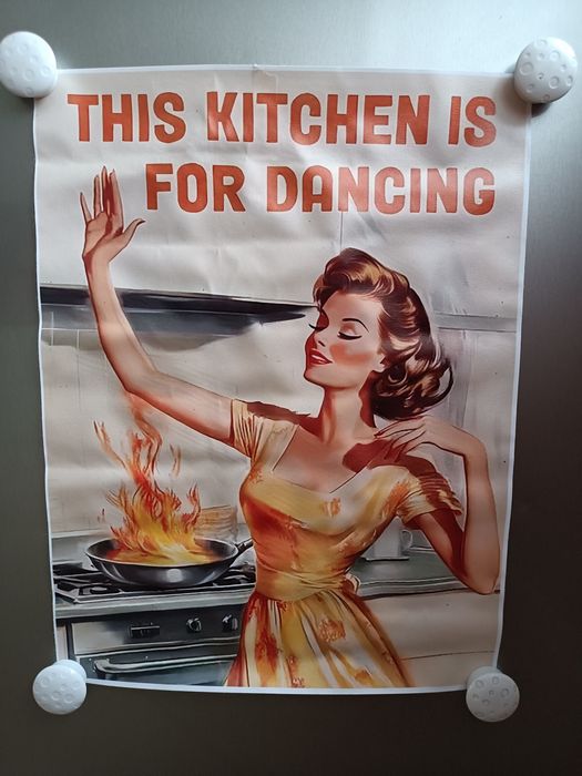 Retro plakat na płótnie obraz śmieszny pani domu gotowanie prl