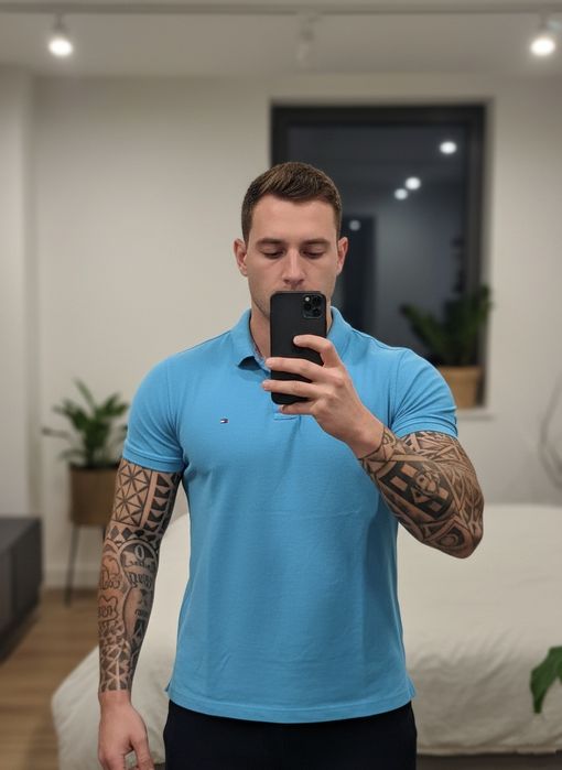 Lazurowa koszulka polo męska Tommy Hilfiger 100% bawełna