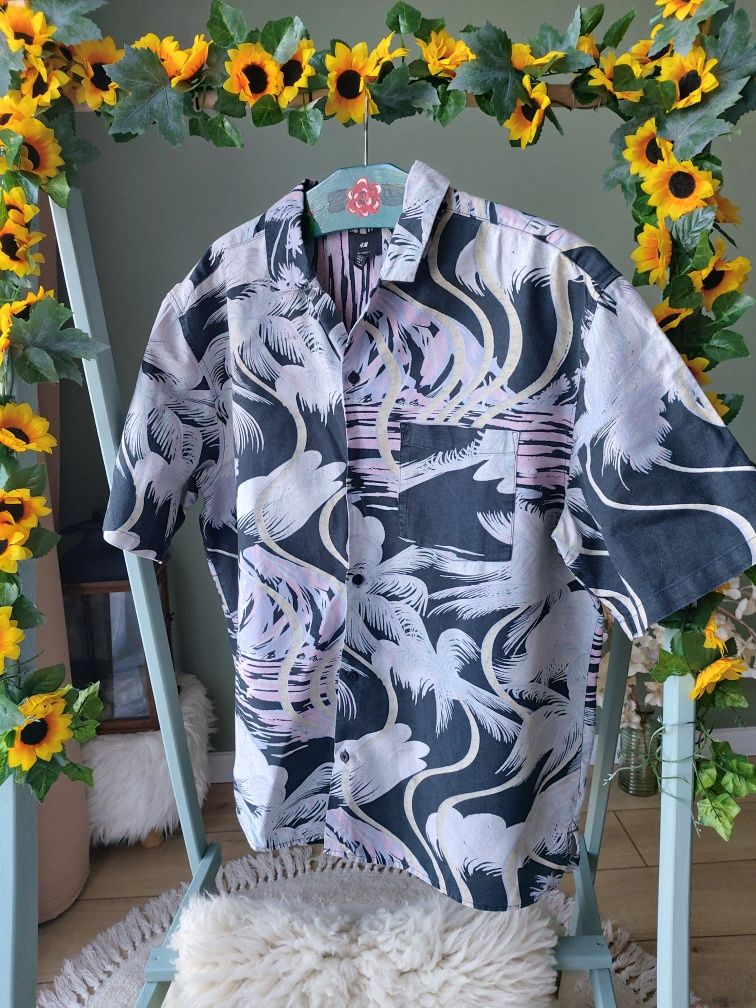 koszula męska H&M L wzory kwiaty liście len tropical linen