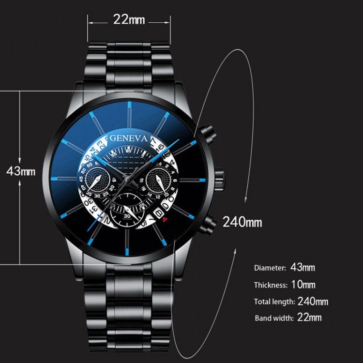Годинник наручний чоловічий із календарем Geneva чорний із синіми стрі