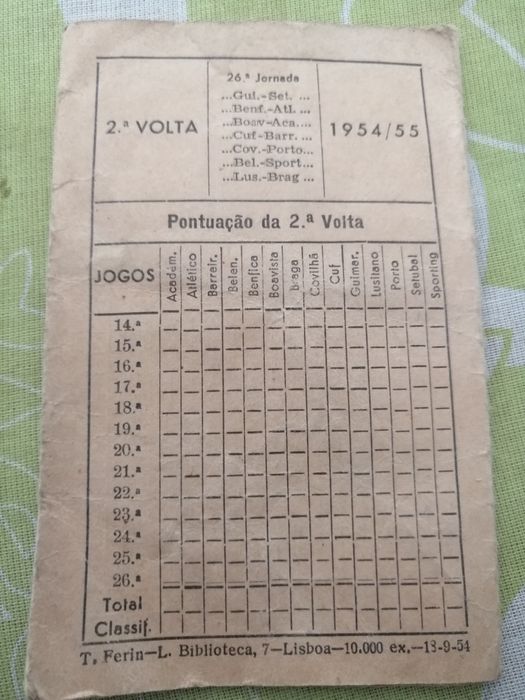 Calendário de jogos campeonato de futebol de 1954 /1955