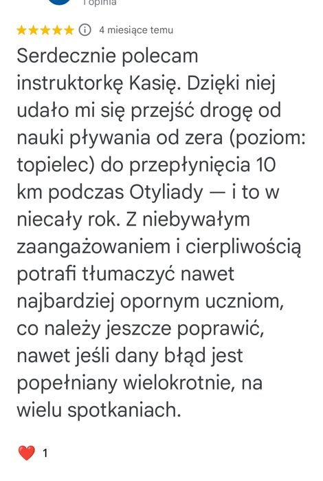 Nauka pływania i doskonalenie - instruktorka z licencją PZP