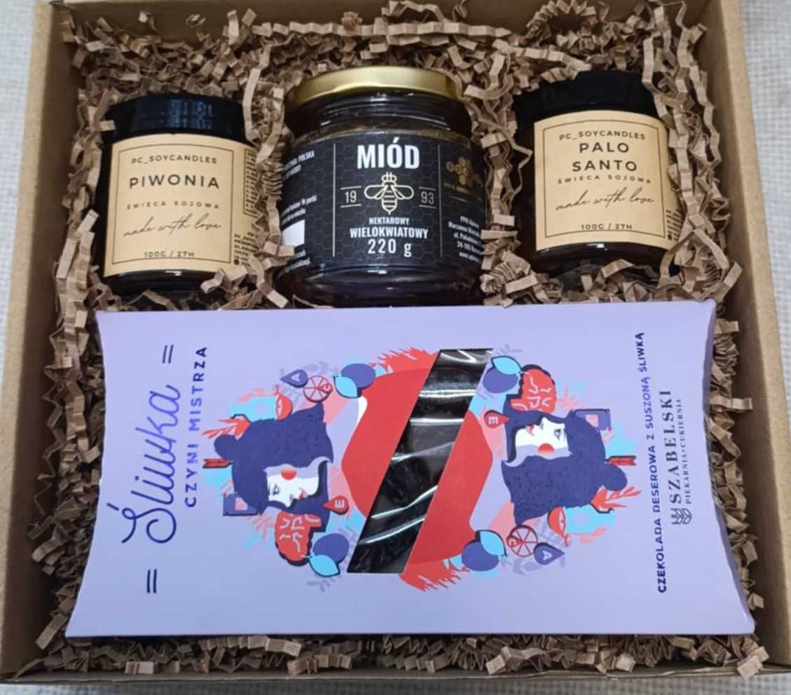 Zestaw Prezentowy 2xŚwieca Sojowa 120ml +Miód W.220g+Czek.Gorzka SERCE