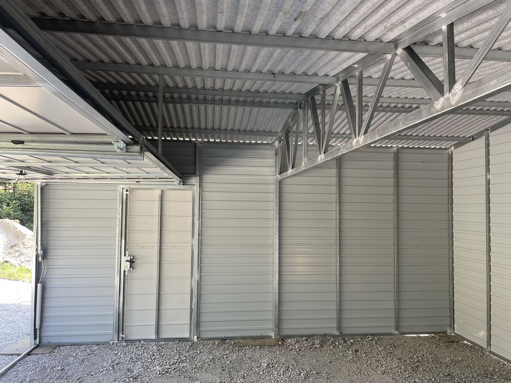 Garaż blaszany 6x5.8 plus wiata 3x5.8, profil zamknięty, drewnopodobny