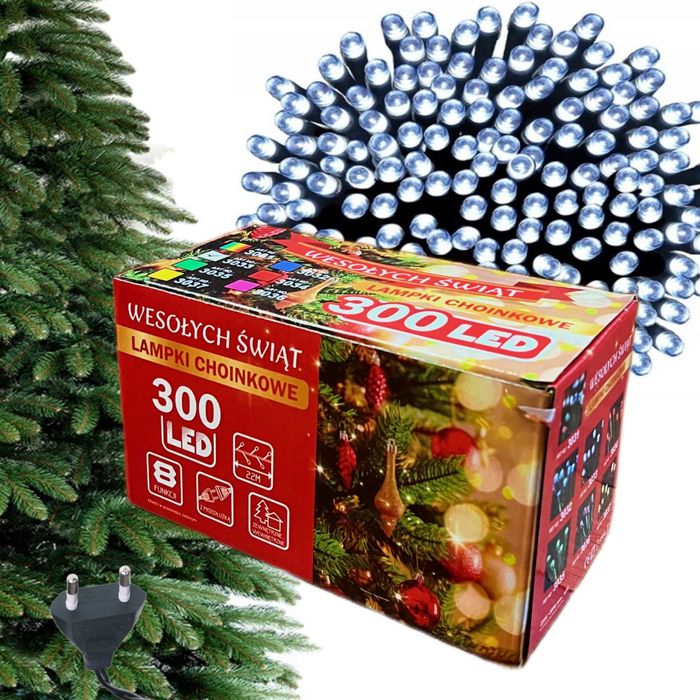 Lampki choinkowe 300 led 22m z przedłużką zewnętrzne białe zimne