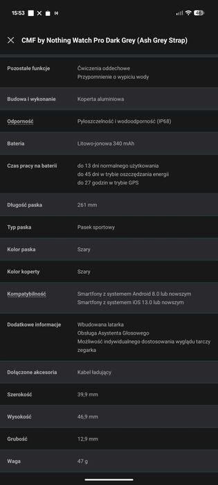Zegarek CMF by Nothing Watch Pro Dark Grey (Ash Grey Strap)