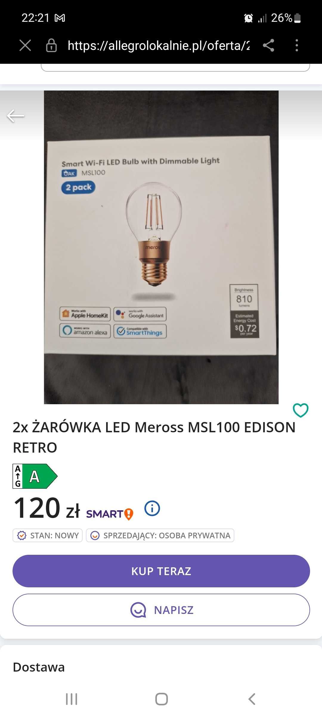 4×żarówki meross smart wi-fi led