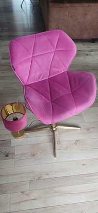 Fotel obrotowy welurowy różowy, zloty,plus lampa, idealny do biura sal