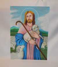 Obraz pastele olejne - Pan Jezus dobry pasterz z owieczkami